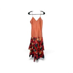 Vintage 80s Coral Party Dress w/ Tiered Floral Skirt Size 4/6